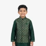 Premium Emerald Green Jacquard Koti Panjabi for Kids – Royal Festive Edition