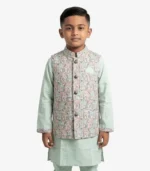 Premium Kids' Garden Patchwork Koti Panjabi Set – Mint Green